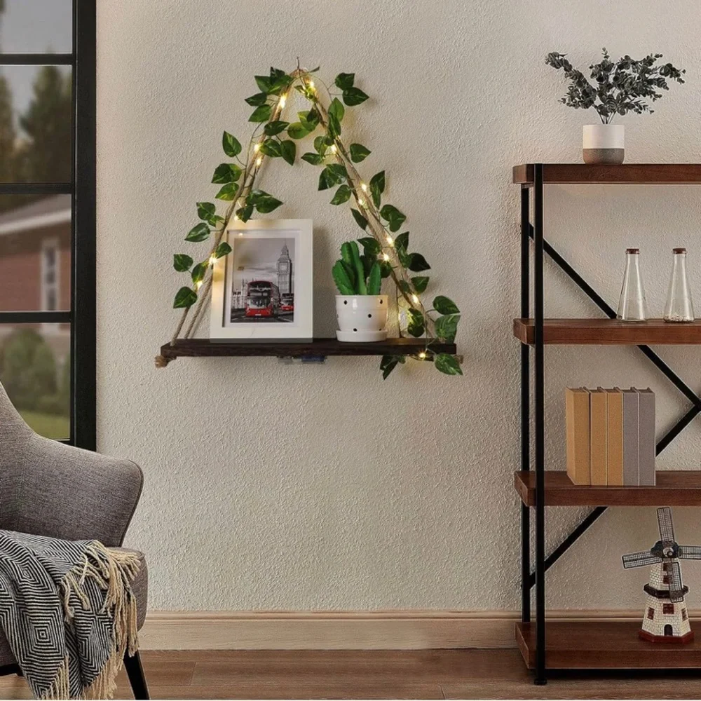 Triangle Floating Shelves with Green Leaves and LED Lights. (No Drilling)